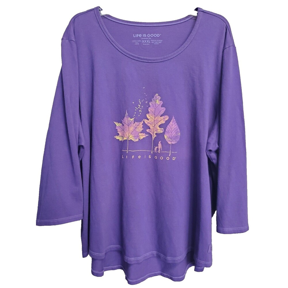 Life is Good Purple Fall Leaves Woman Dog Scoop Neck High-Low Hem T-Shirt XXXL